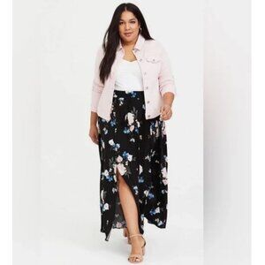 Torrid 3 Black Floral Challis Stretch Tie Waist Front Slits Maxi Skirt 3X 22 24
